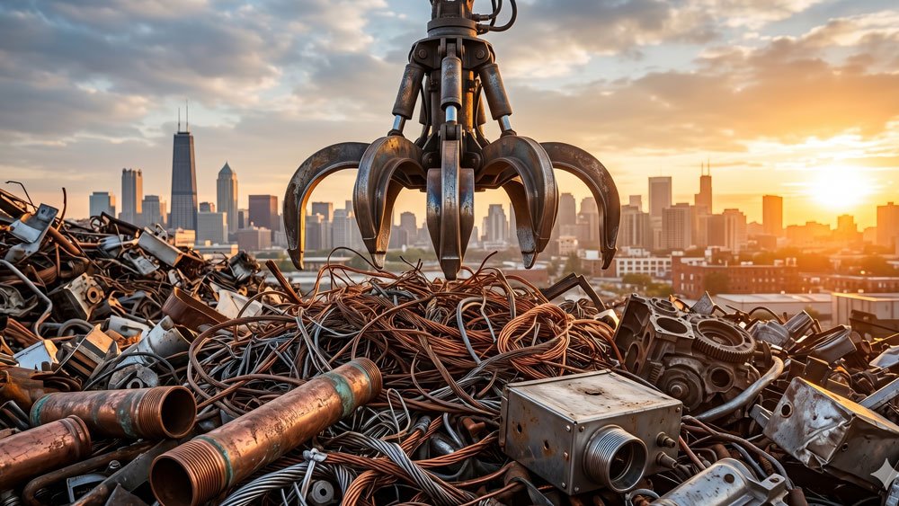 Scrap metal pile with excavator